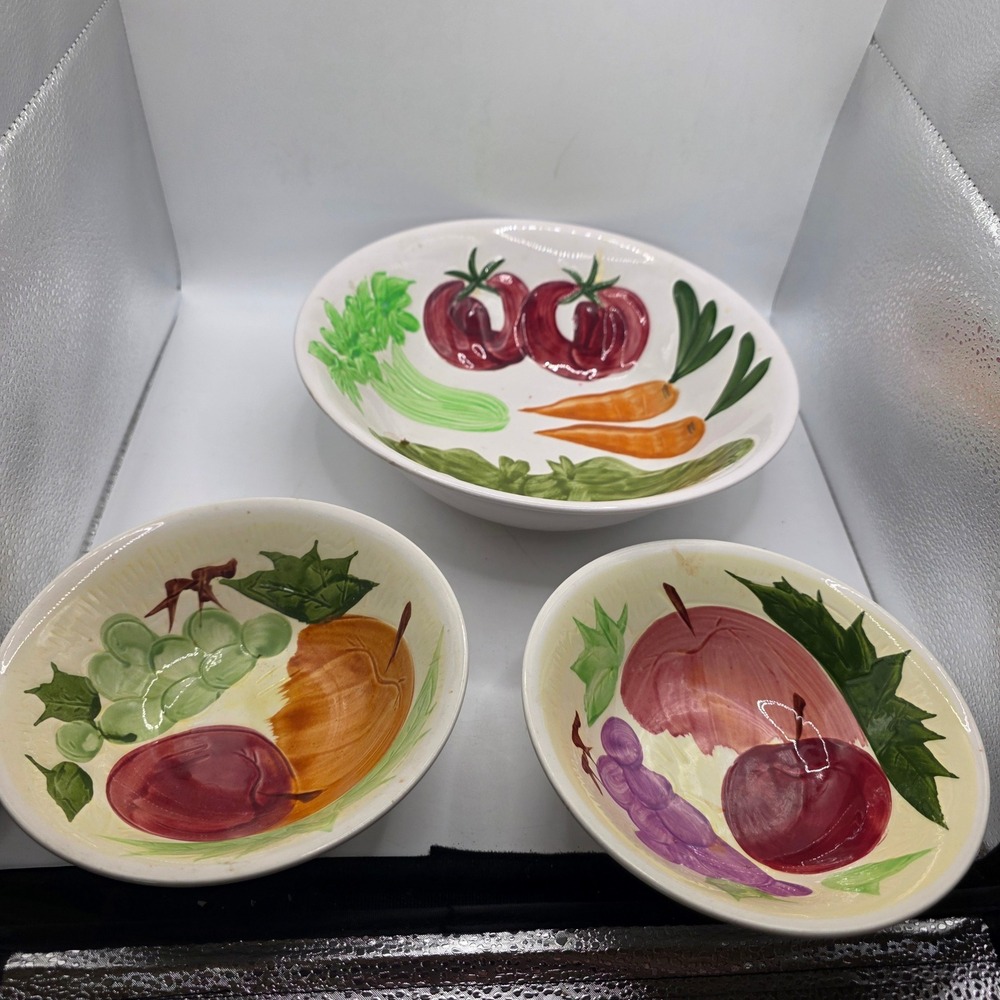 Vintage Hand Painted Ironstone Glo-Stone Fruit Vegetable Serving Bowls Set of 3